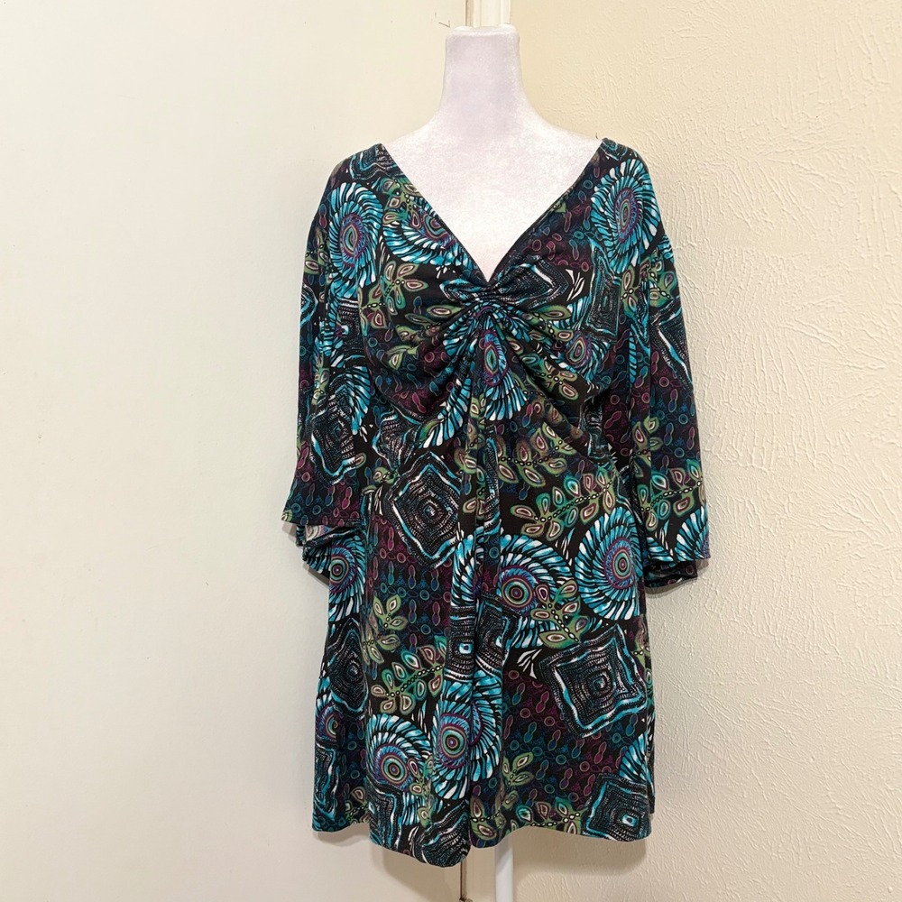 Cato Woman Plus Size 26/28W Blue Purple Abstract Geometric Knot Front Tunic Top